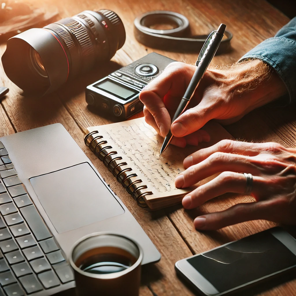 DALL·E-2025-01-04-11.58.51-A-close-up-detailed-image-of-a-journalists-hands-actively-working.-One-hand-is-holding-a-pen-over-a-notepad-filled-with-handwritten-notes-while-the.webp